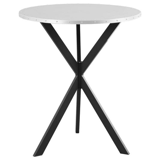 36 Inch Bar Table with Metal Top, Hammered Nails, Intersected Base, Silver – Ideal for Your Home Bar