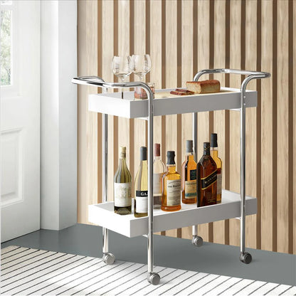 2-Tier Storage with Metal Frame in White & Chrome Bar & Serving Cart