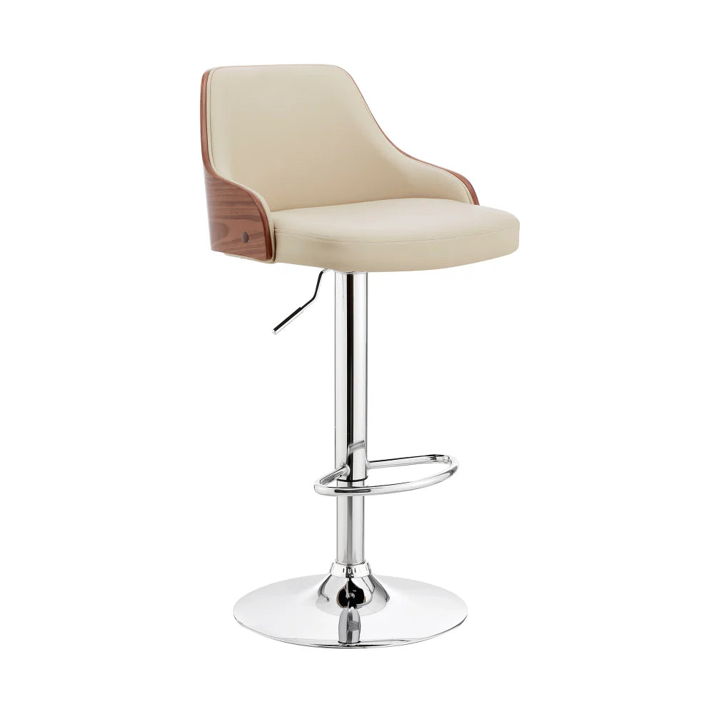 Faux Leather and Metal Adjustable Bar Stool, Cream and Silver Contemporary Home Bar Furniture